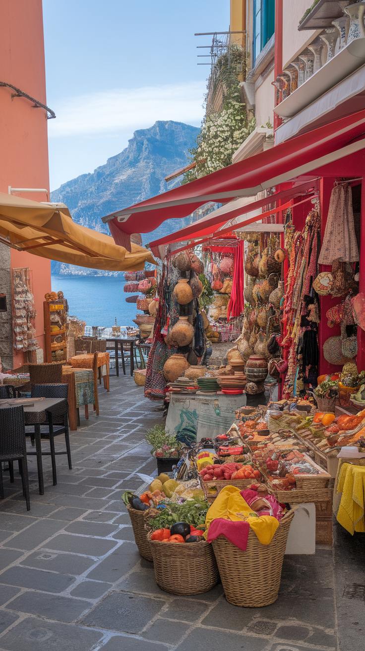 A picturesque street in Positano lined with artisan shops and colorful market stalls, offering fresh produce and handmade crafts.