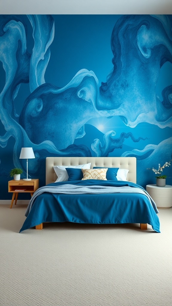 Blue wall mural in a bedroom featuring swirling patterns and shades of blue