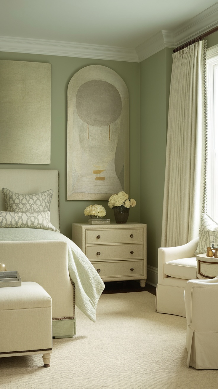 A sage green and cream bedroom featuring abstract artwork and soft furnishings.