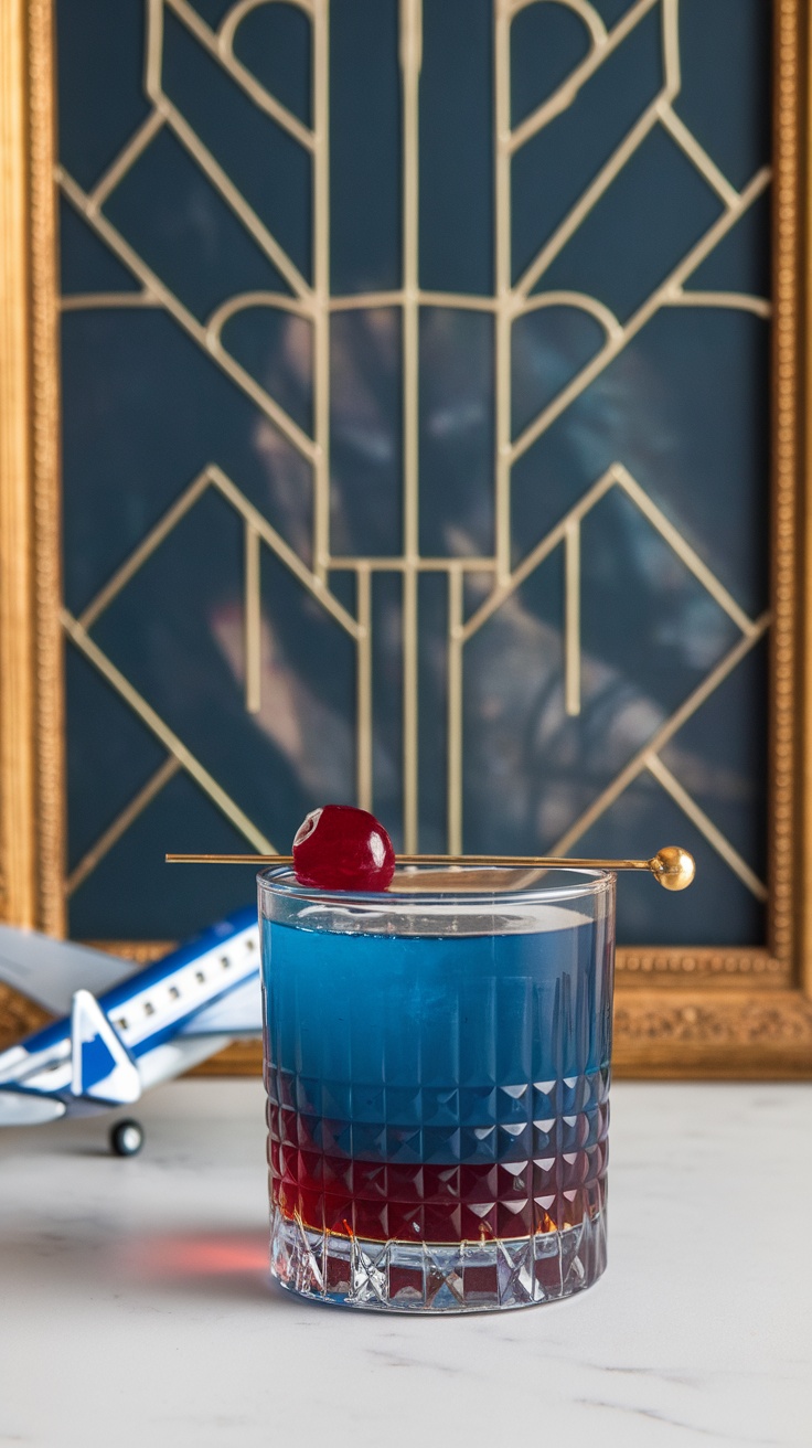 Aviation cocktail with a Luxardo cherry on top, set against an art deco background.