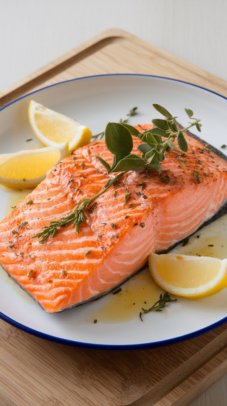 Baked salmon fillet garnished with lemon slices and herbs on a plate