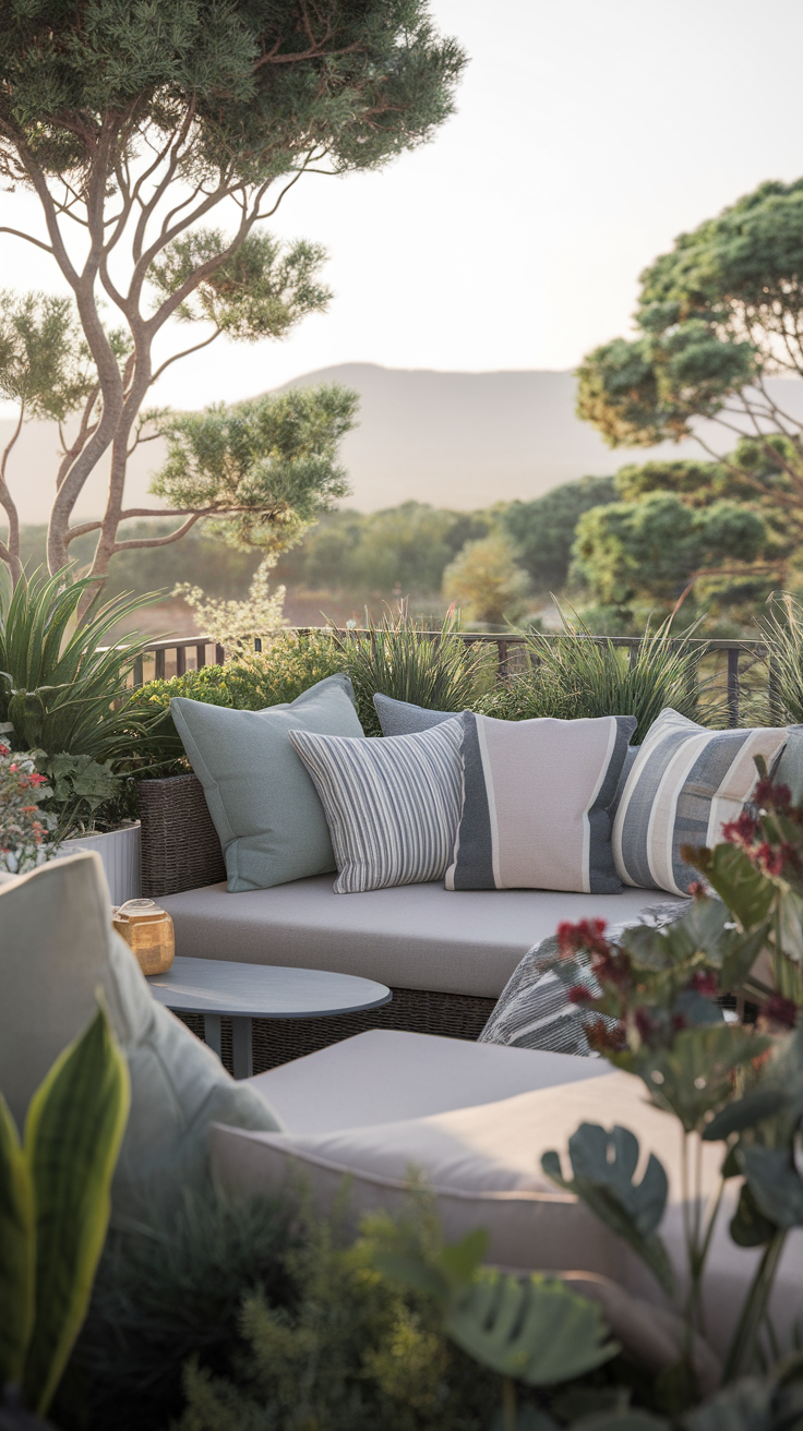 Cozy balcony nook with cushions and greenery