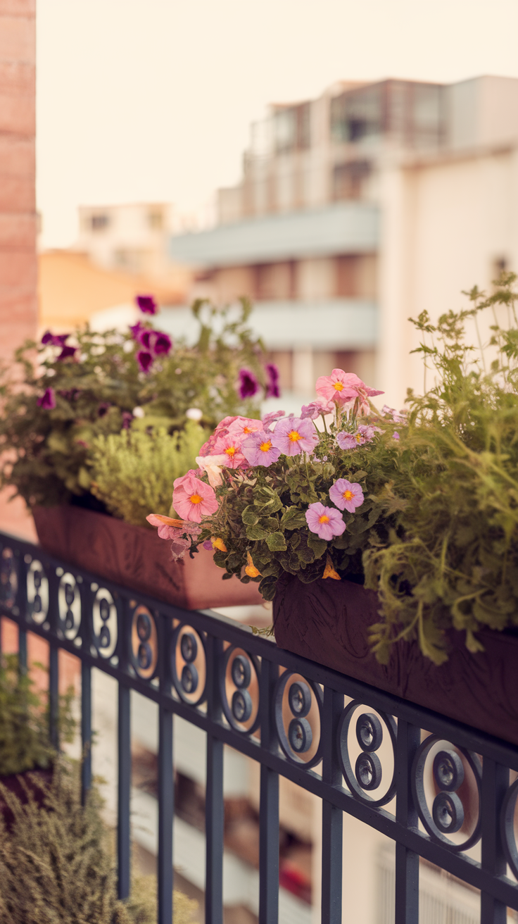 A balcony with vibrant flower planters and a decorative railing