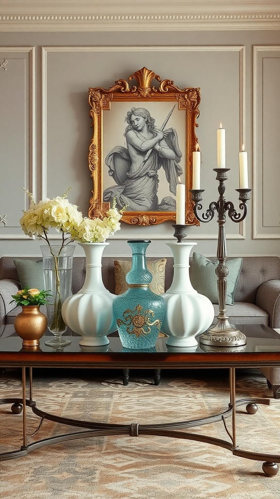 A stylish living room with Baroque-inspired accessories, including elegant vases and a candle holder.