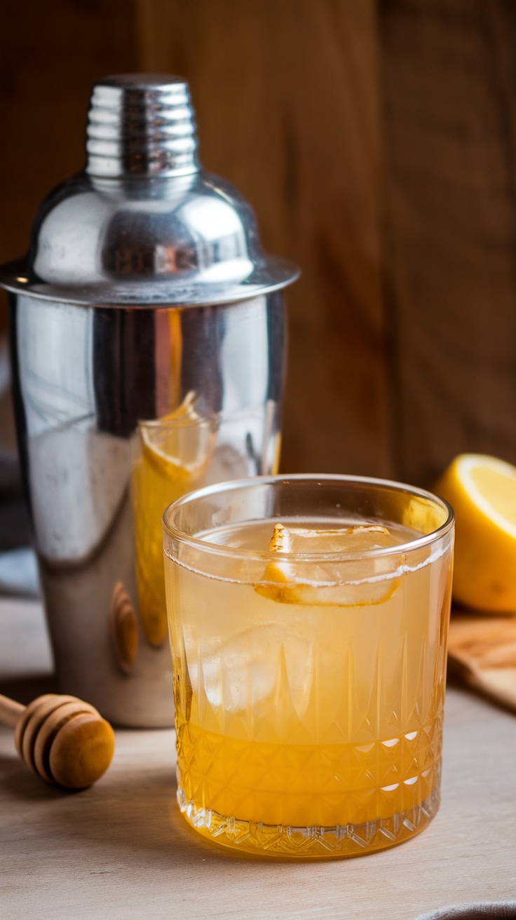 Bee's Knees cocktail with honey and lemon, featuring a vintage shaker.