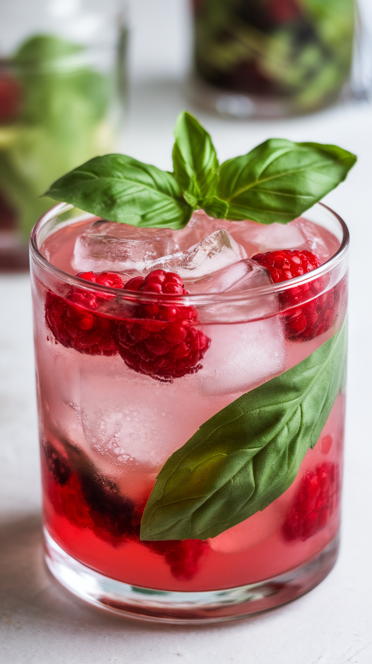 A refreshing Berry Basil Smash cocktail with raspberries and basil leaves.