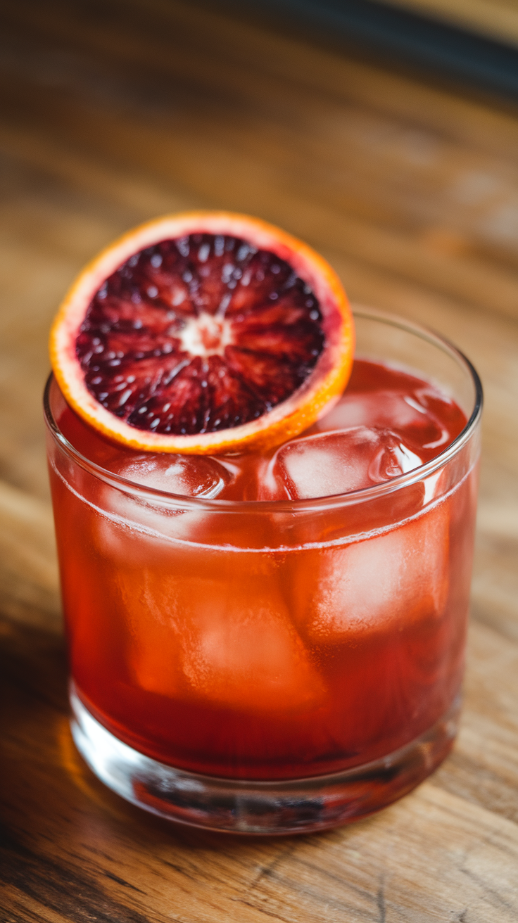 A Blood Orange Negroni cocktail with ice and a slice of blood orange on top.