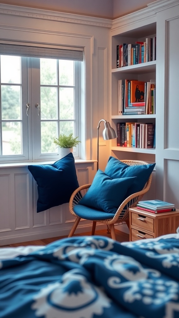 A cozy blue-themed reading nook featuring a rattan chair with blue cushions, a wooden side table with books, and a well-stocked bookshelf.