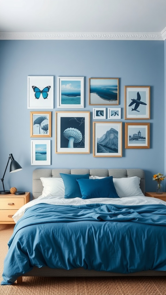 A blue-toned gallery wall in a bedroom featuring various framed artworks in shades of blue.