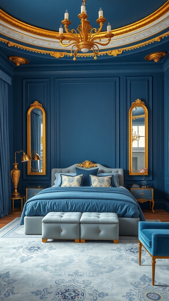 Elegant blue bedroom with gold accents, featuring a chandelier and stylish decor.