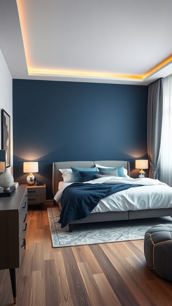 A contemporary blue and gray bedroom featuring a dark blue accent wall, gray bedding, and wooden flooring.