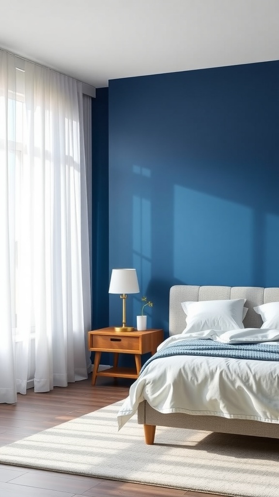 A cozy bedroom featuring a blue ombre wall treatment with natural light streaming in.