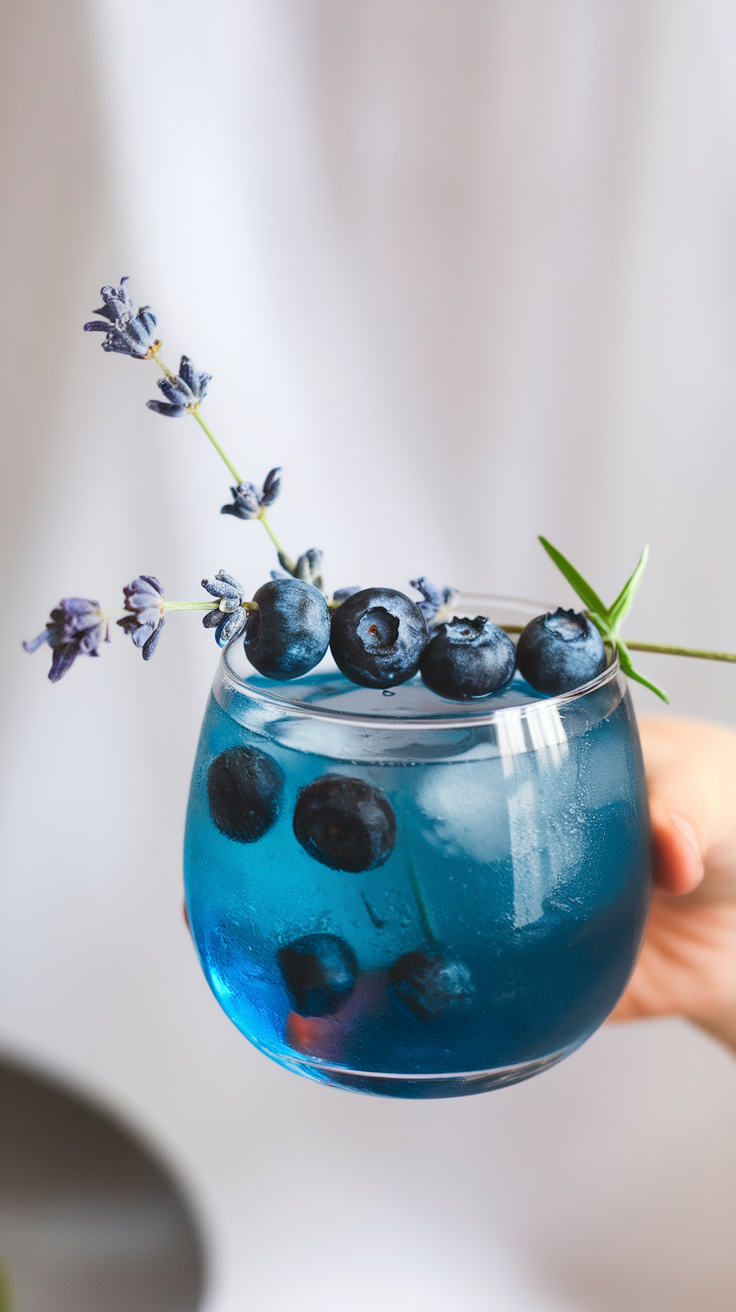 A refreshing glass of blueberry lavender lemonade garnished with blueberries and lavender sprigs.