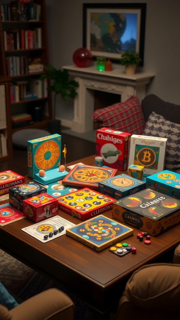 A variety of board games set up on a coffee table, ready for a fun game night.