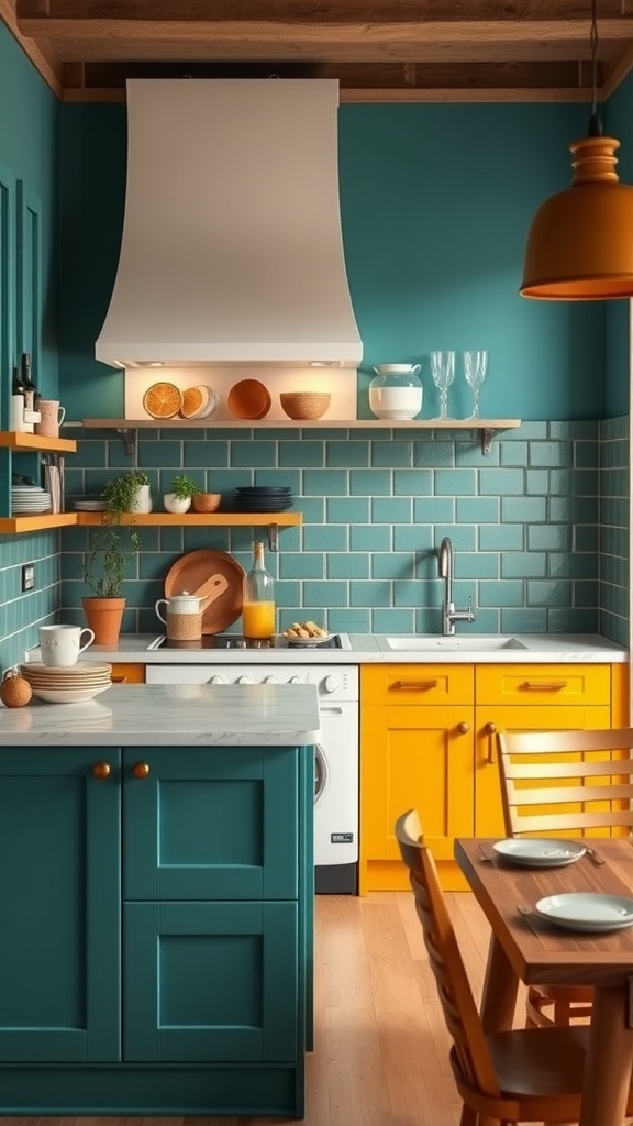 A kitchen featuring bold color combinations of teal cabinets and yellow drawers, with a warm and inviting atmosphere.