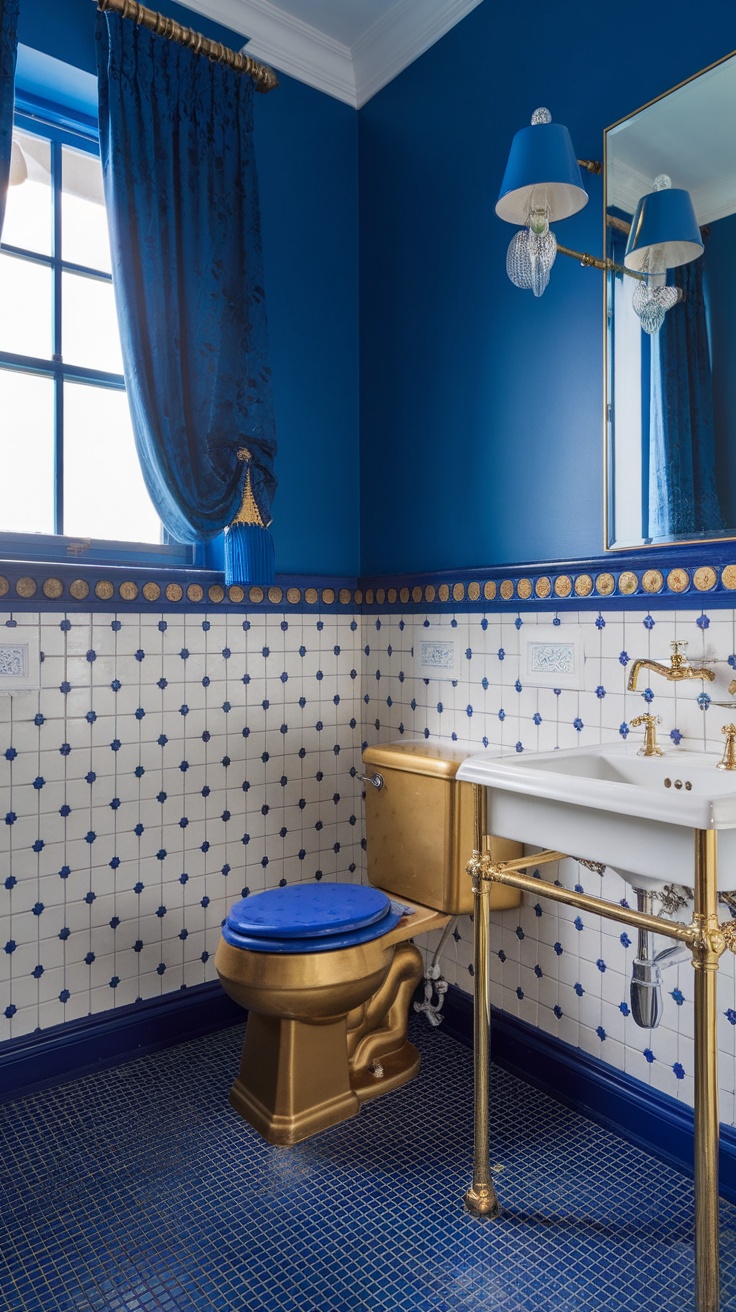 An apartment bathroom featuring bold blue walls, gold fixtures, and blue accents.