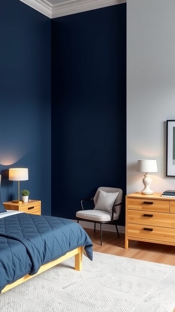 A bedroom featuring a bold navy accent wall, light wooden furniture, and a cozy atmosphere.