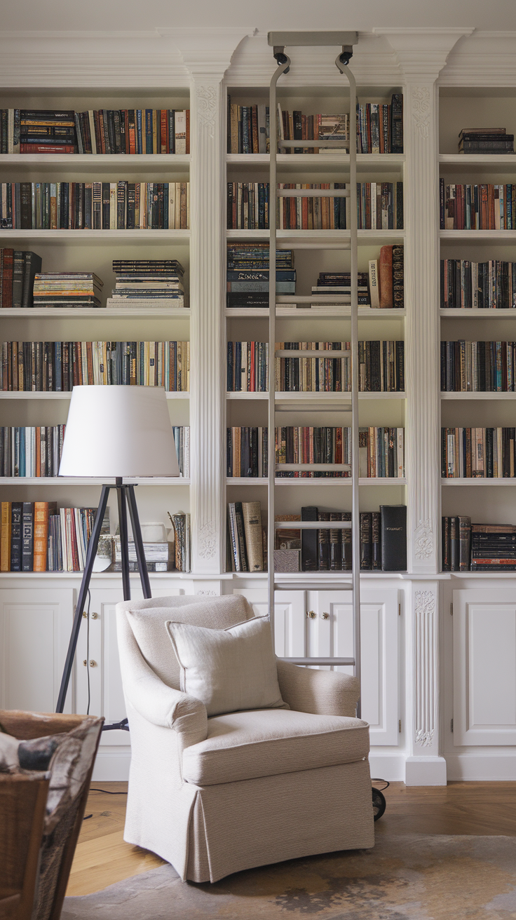 Cozy reading nook featuring a bookshelf wall with a ladder, a comfortable chair, and a lamp.