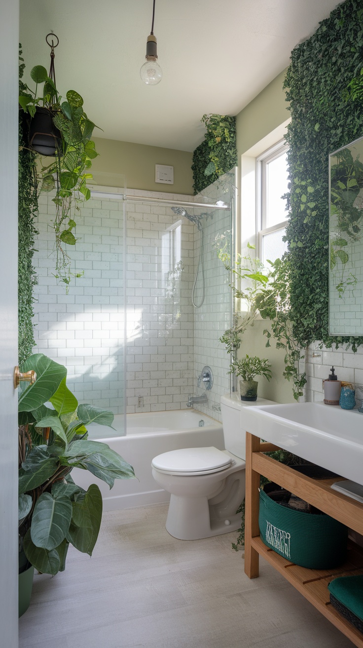 A bright and green apartment bathroom filled with various indoor plants