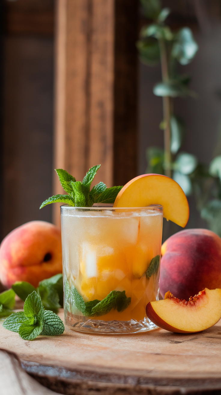 A refreshing Bourbon Peach Smash cocktail with mint and peach slices on a wooden surface.