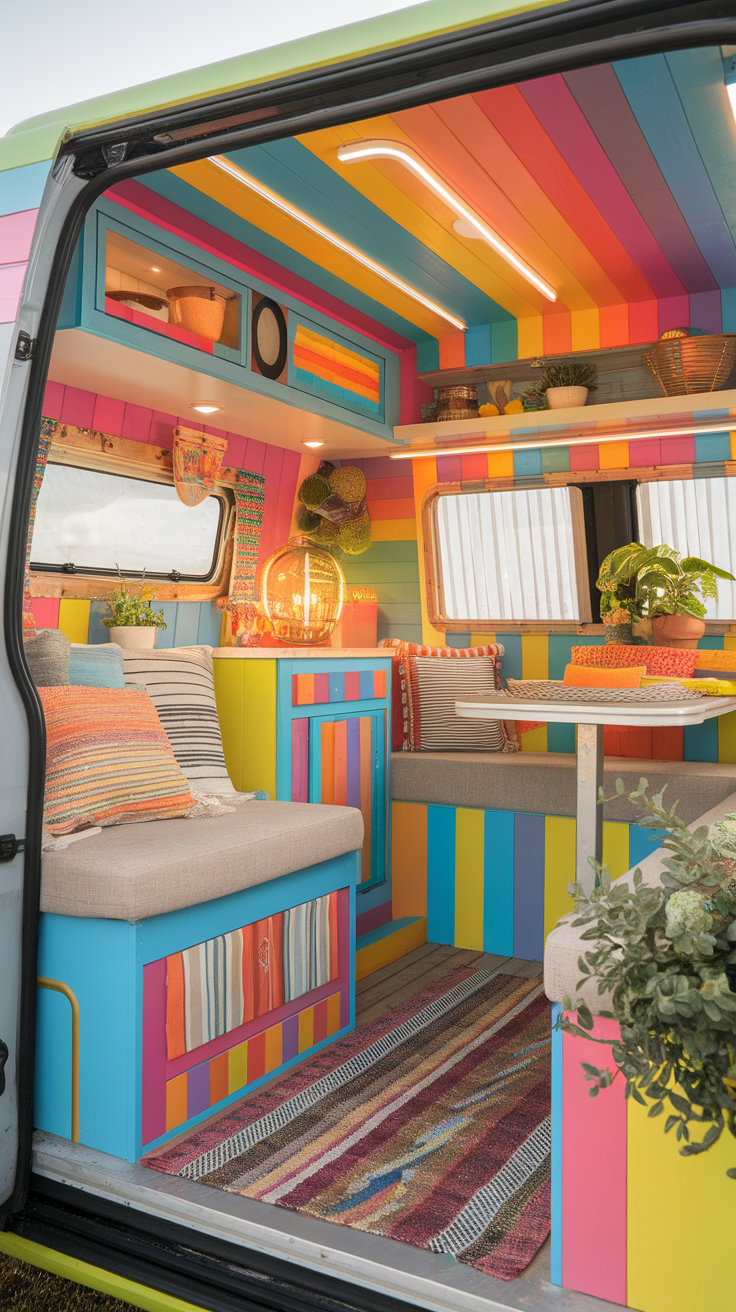 Vibrant van interior with colorful walls and cozy seating.