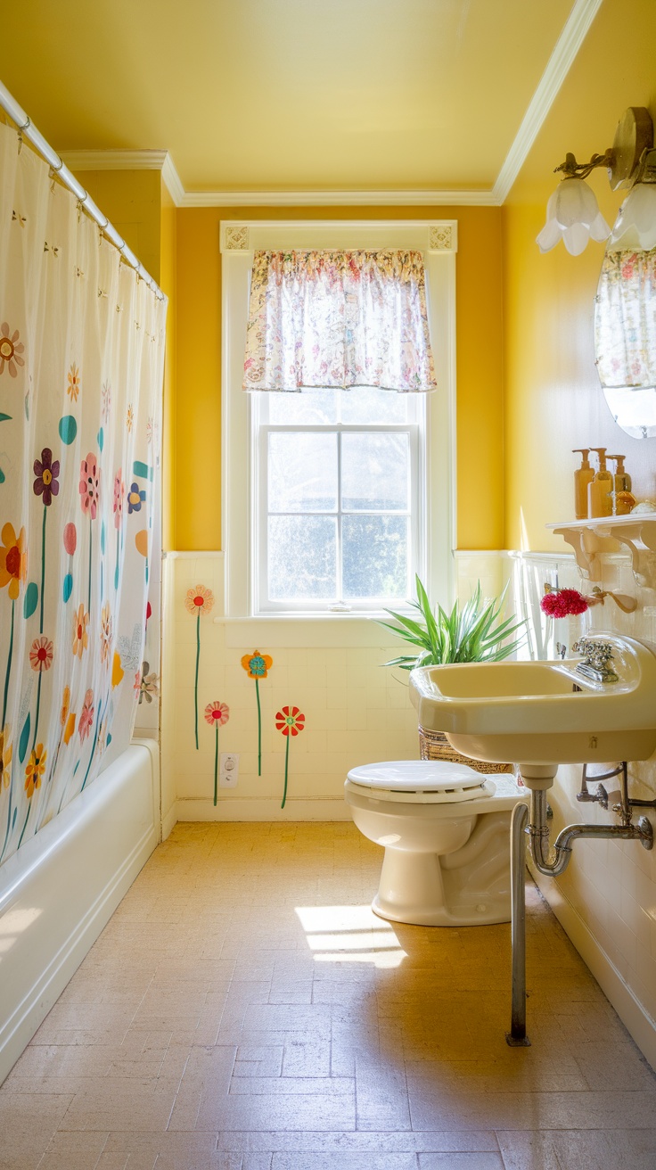 Bright yellow bathroom with floral shower curtain and window, featuring a sink and toilet.