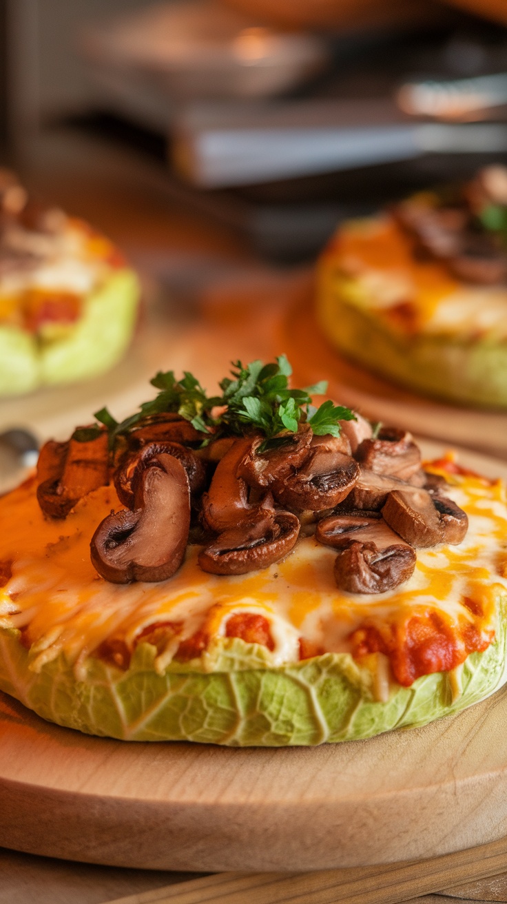 Cabbage crust pizza topped with mushrooms and cheese