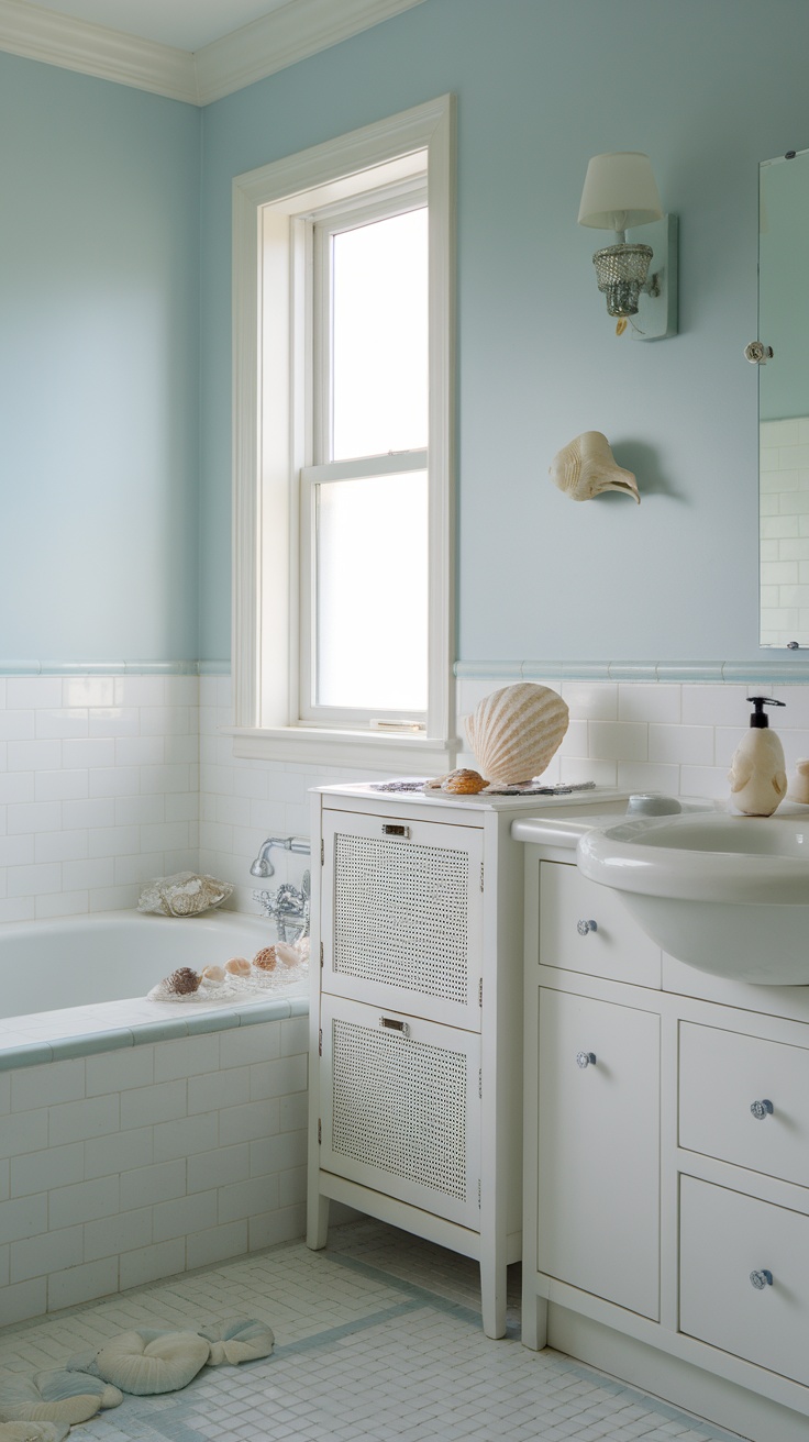 A serene bathroom featuring soft blue walls, white cabinetry, and coastal decor elements.