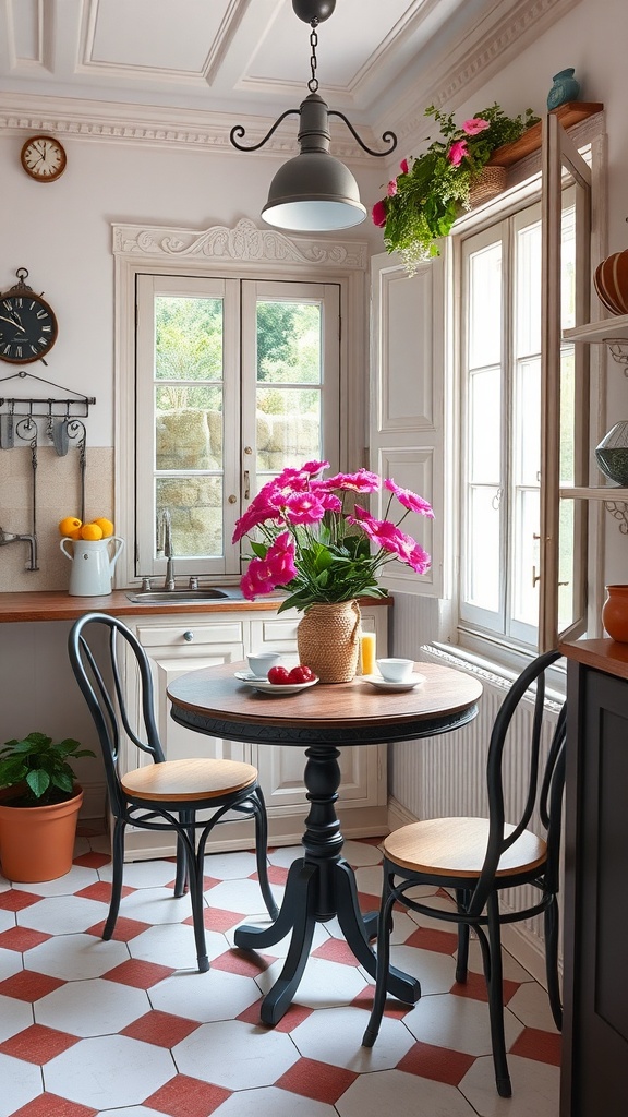 Charming breakfast nook with a round table, plants, and floral decor.