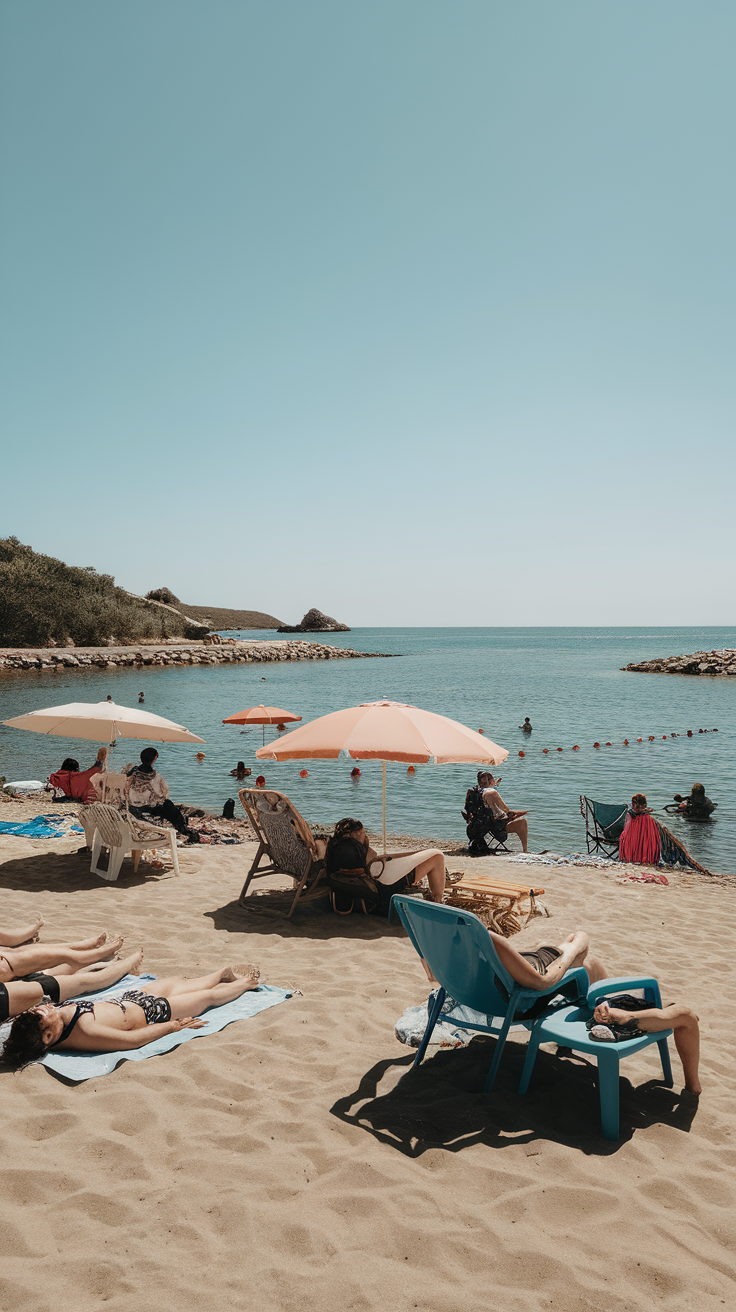 A sunny day at Fornillo Beach with sunbathers lounging on the sand and umbrellas providing shade.