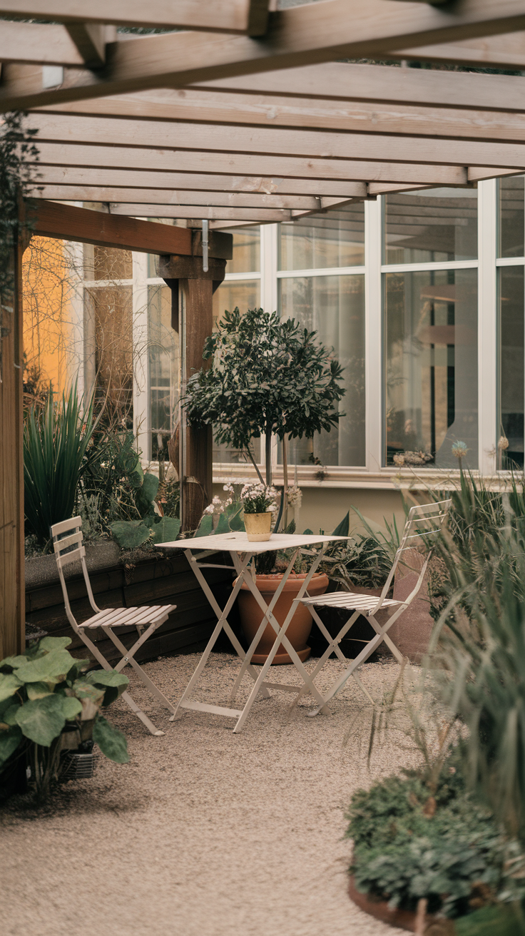 A cozy outdoor seating area with a small table, two chairs, and lush plants.