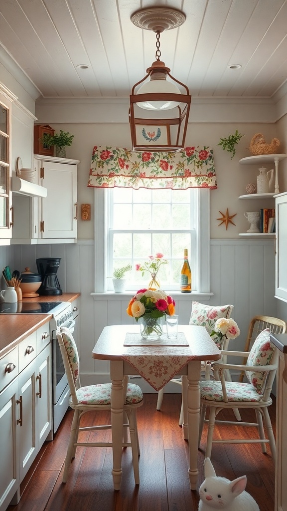 A charming small cottage kitchen with floral curtains, a wooden table, and a cozy atmosphere.
