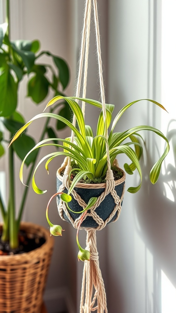 A charming spider plant hanging in a decorative pot.