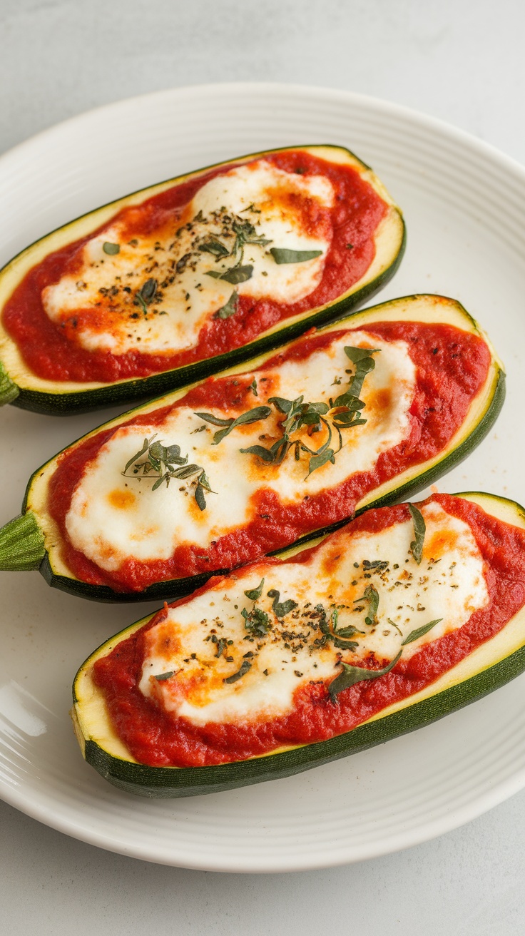 Cheesy zucchini pizza boats topped with tomato sauce and herbs