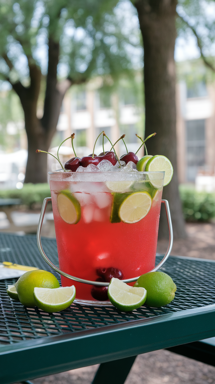 A colorful bowl of Cherry Limeade Cooler garnished with cherries and lime slices.