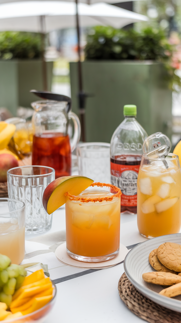 A refreshing Chili Mango Paloma cocktail garnished with mango slice, served with various drinks and snacks on a table.