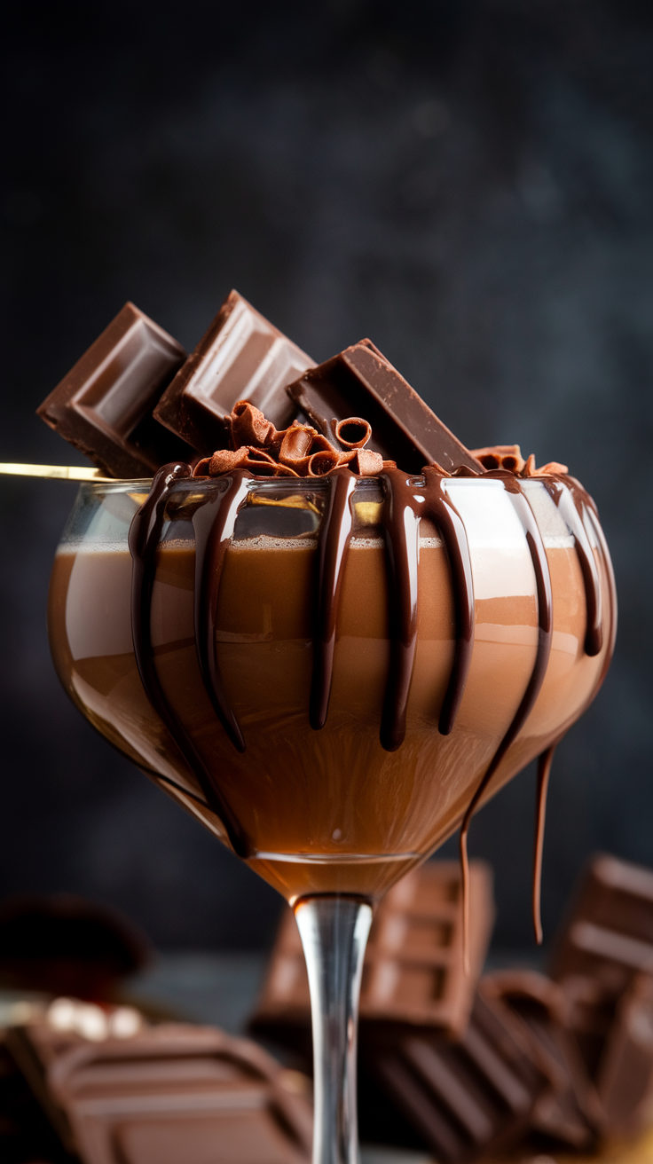 A chocolate martini topped with chocolate bars and curls, presented in an elegant glass.