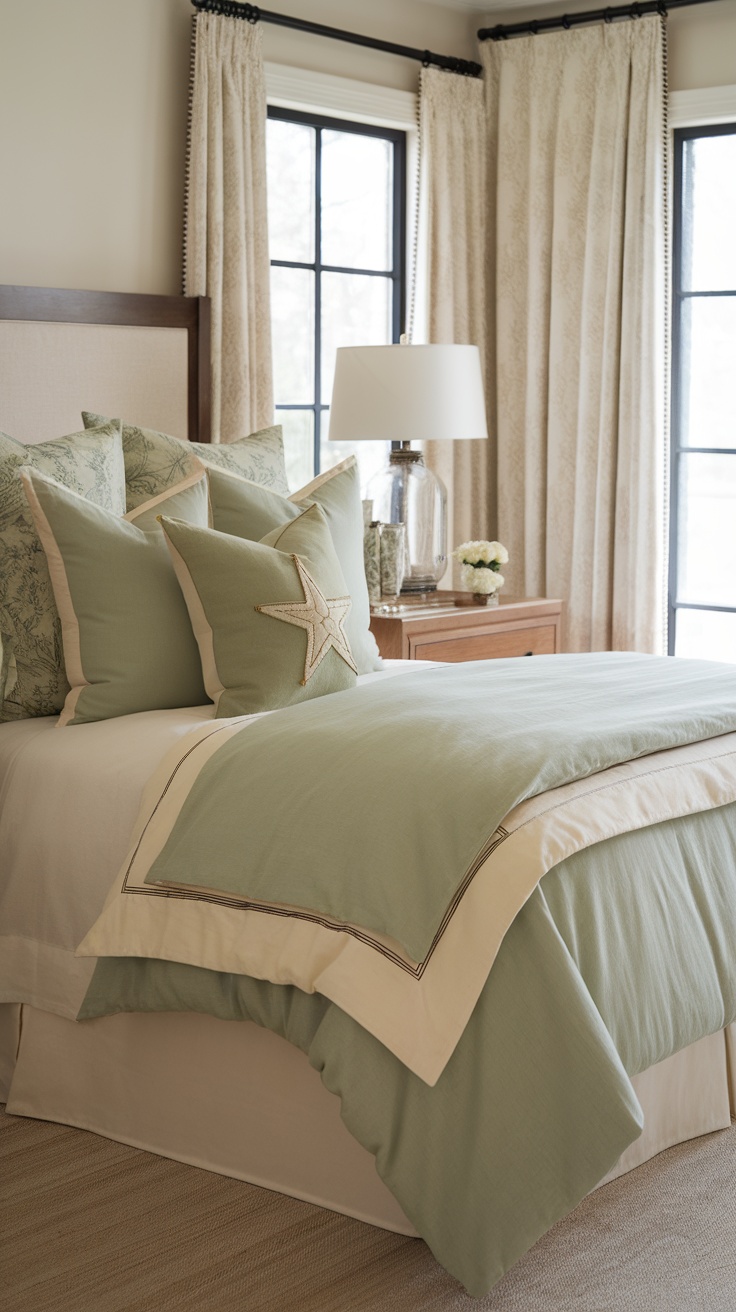 A serene bedroom featuring sage green and cream bedding, complemented by decorative pillows.