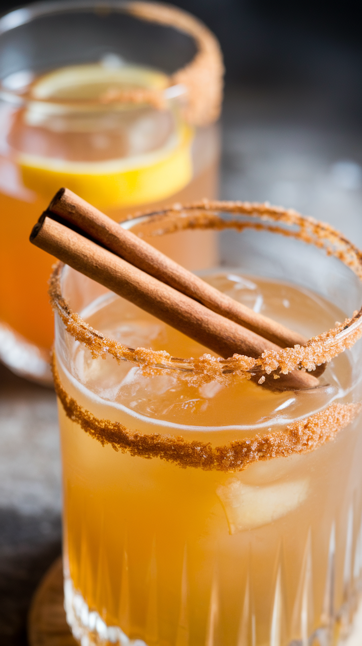 Two glasses of Cinnamon Toast Cocktail with cinnamon sticks and a sugared rim.