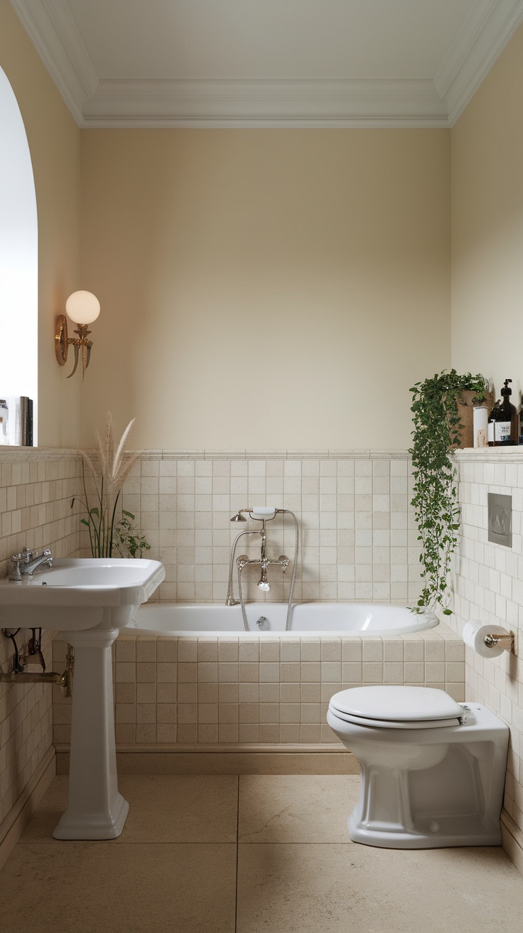 A bathroom featuring classic cream and beige colors with a bathtub, sink, and plants.