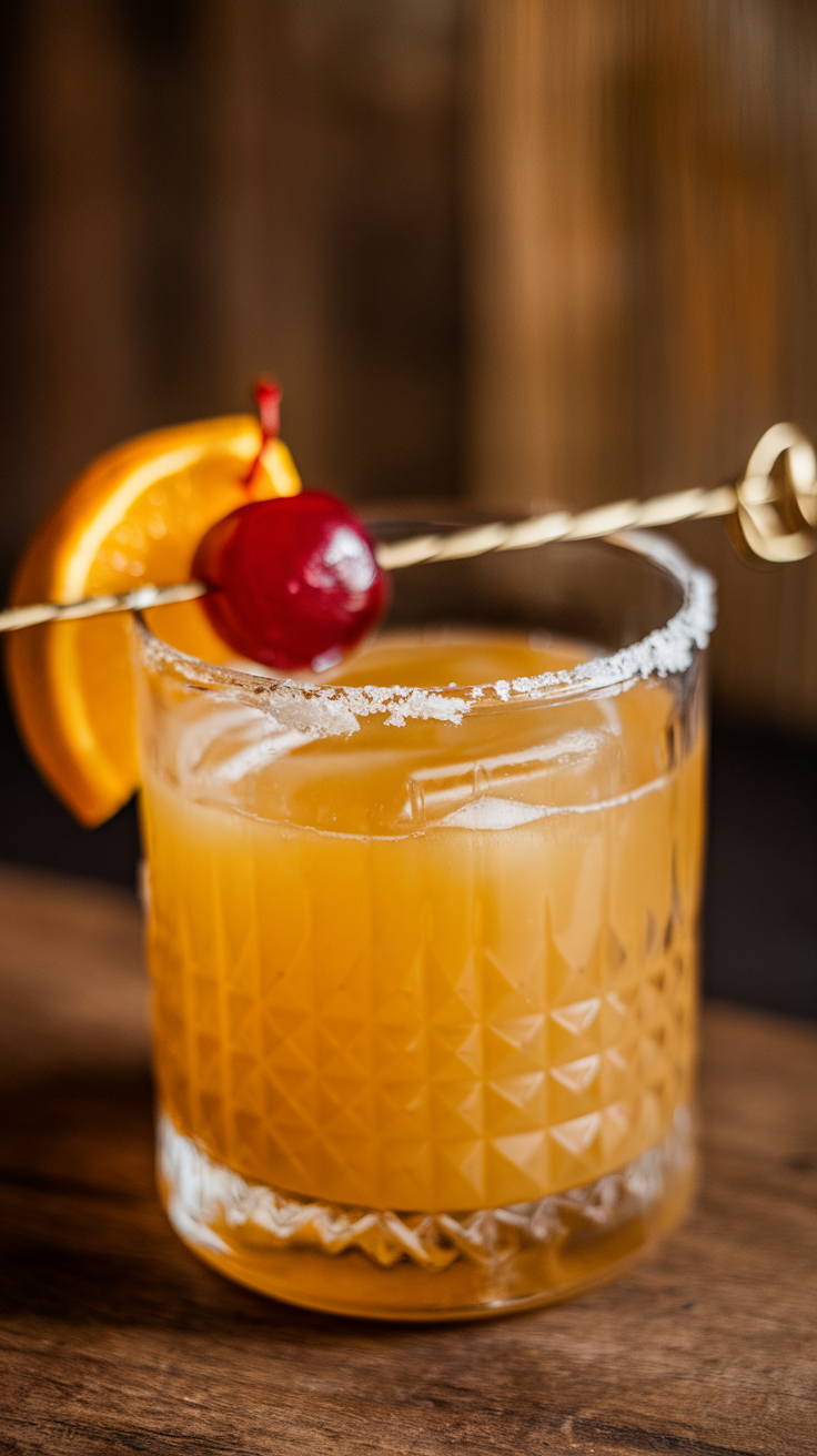 A classic whiskey sour cocktail served in a glass with a cherry and orange garnish.