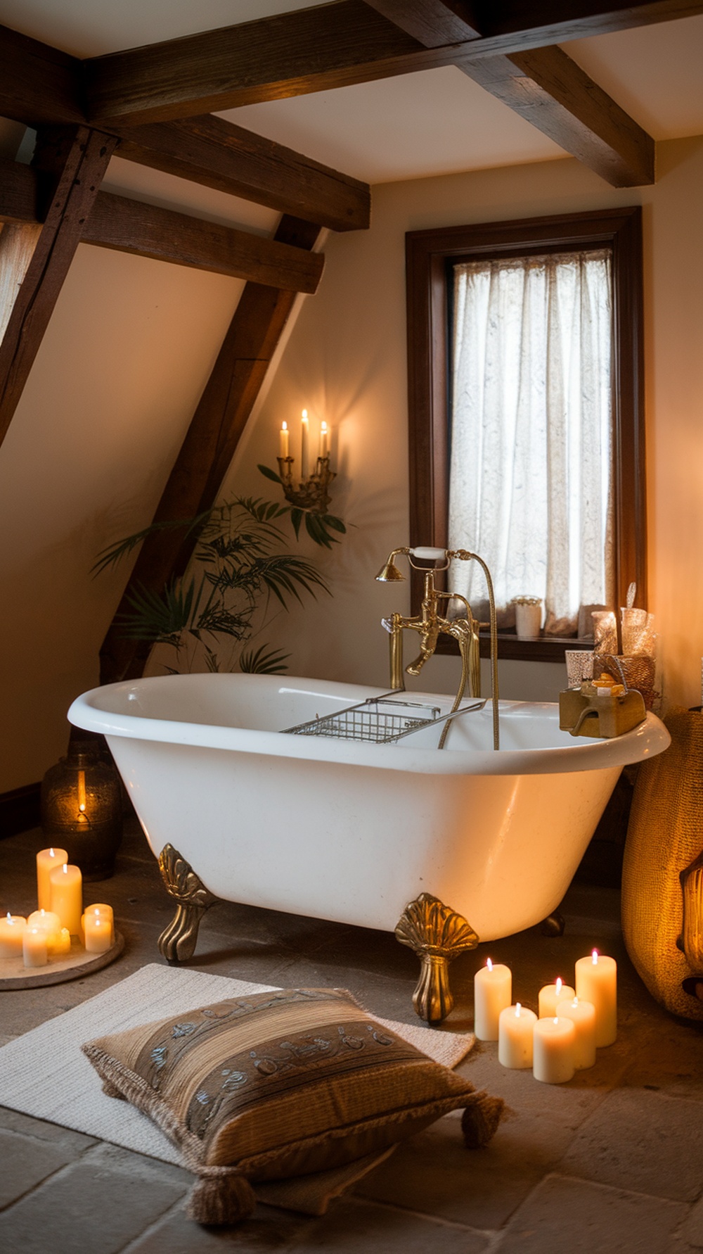 A vintage-style bathroom featuring a clawfoot bathtub with brass accents, surrounded by candles and rustic decor.