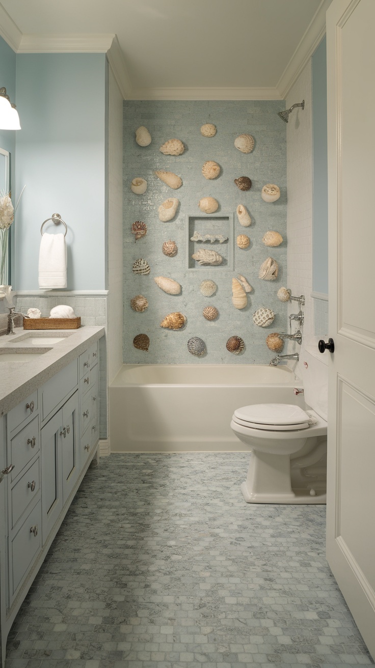 Coastal-inspired bathroom featuring a shell wall and light blue decor.