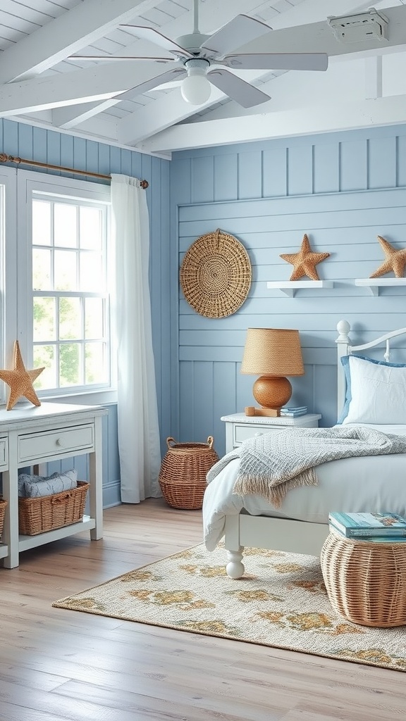 A blue bedroom decorated in a coastal cottage style with light wood accents and natural textures.