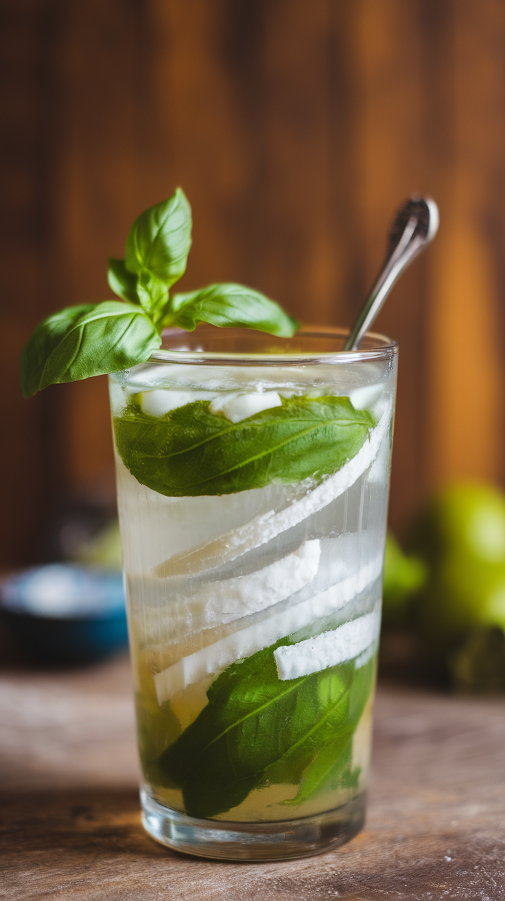 A refreshing Coconut Basil Mojito in a glass with basil leaves and coconut slices.