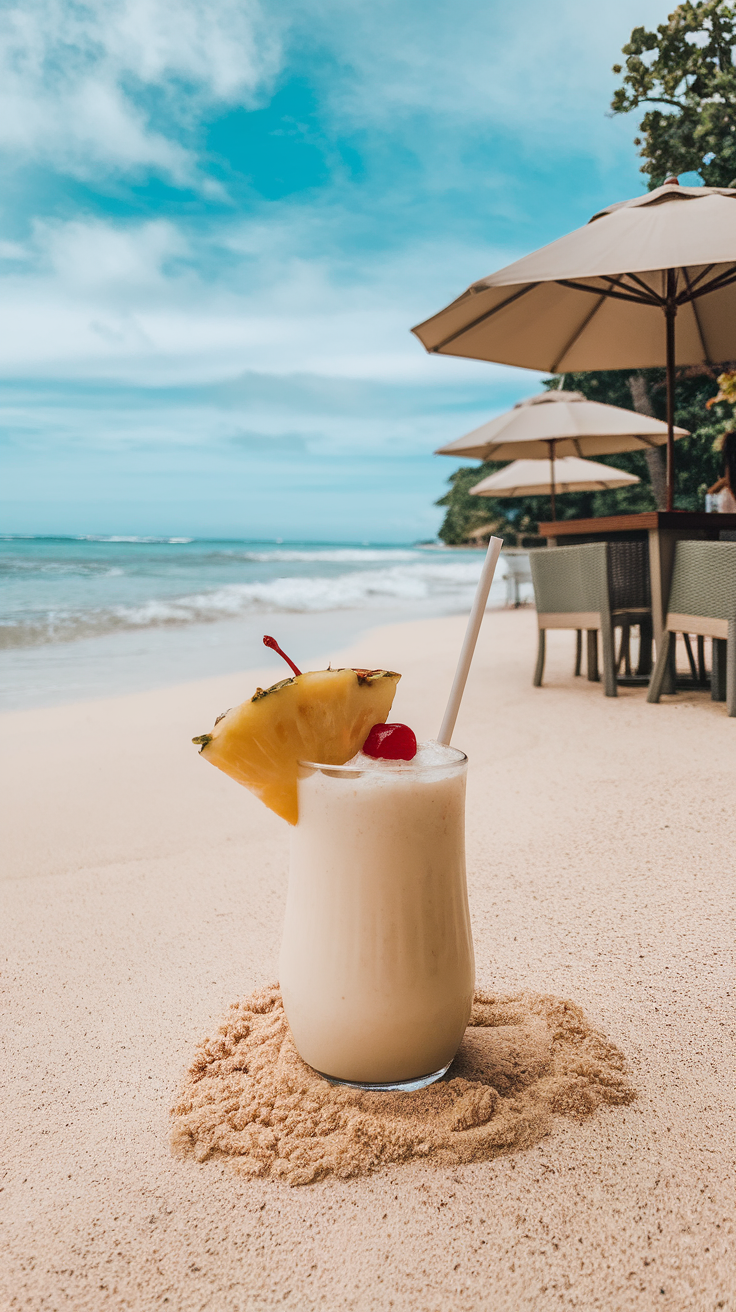 A refreshing Coconut Cream Piña Colada with a pineapple slice and cherry, sitting on sandy beach with umbrellas in the background.