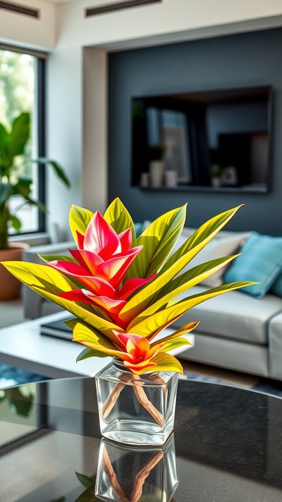 A colorful bromeliad plant in a stylish pot on a black table.