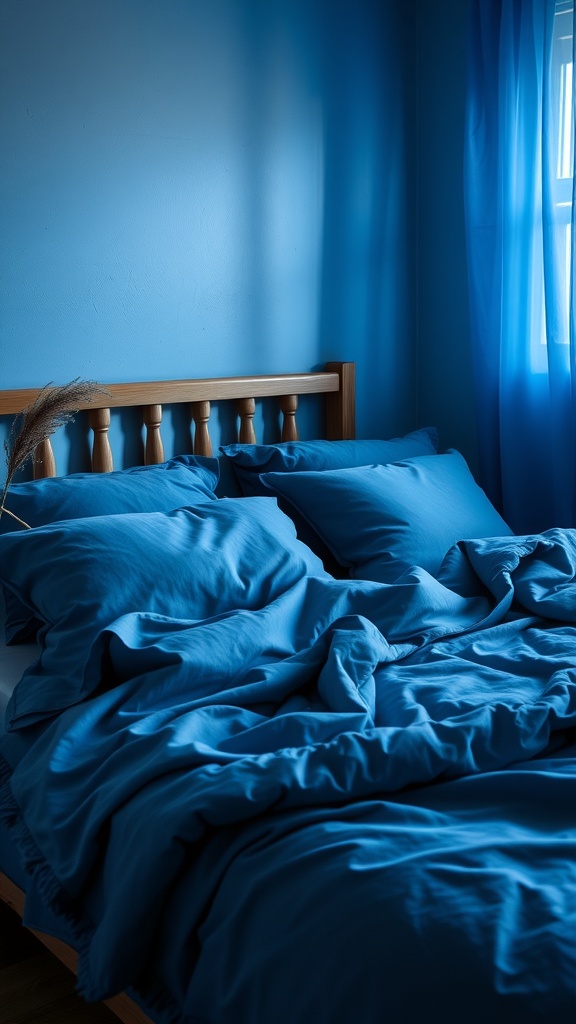 A cozy blue bedding setup featuring layers of fabric and soft pillows