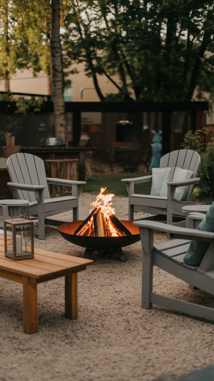 A cozy outdoor setting with a fire pit surrounded by chairs, perfect for stargazing.