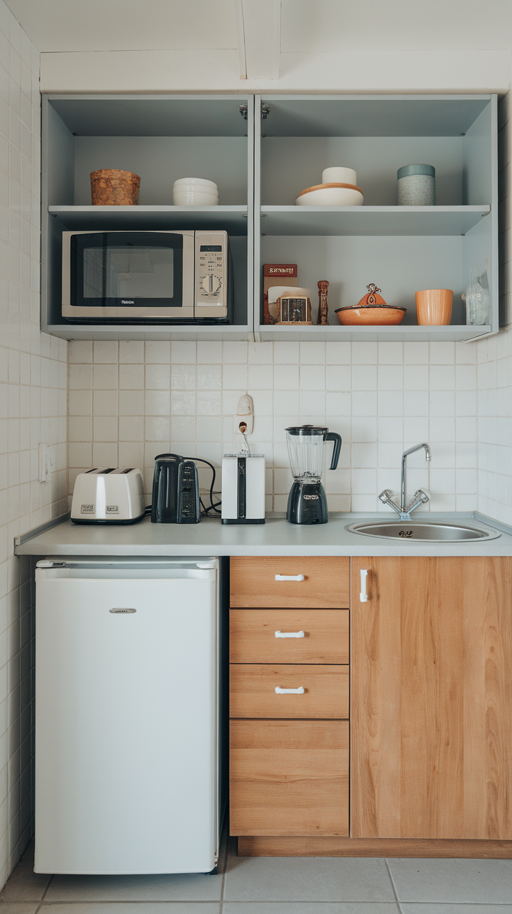 A compact kitchen featuring modern appliances and organized storage solutions.